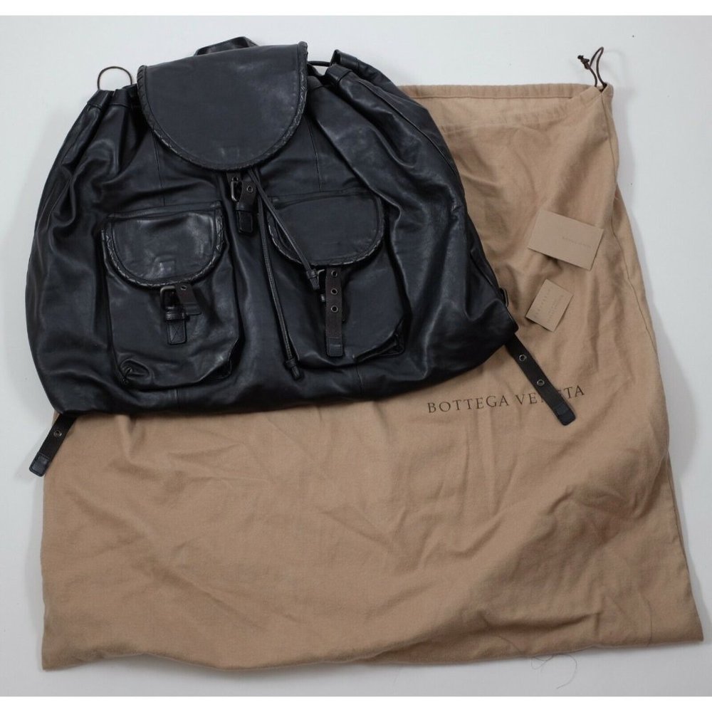 New mens Bottega Veneta XL intrecciato black leather backpack bag 18" x 24"